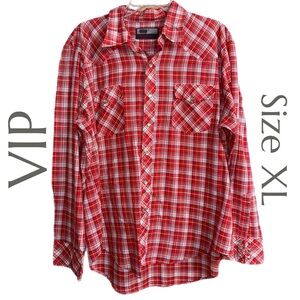 VIP - Vintage Western Wear - Red Plaid Pearl Snap. Button Up Shirt - Size XL